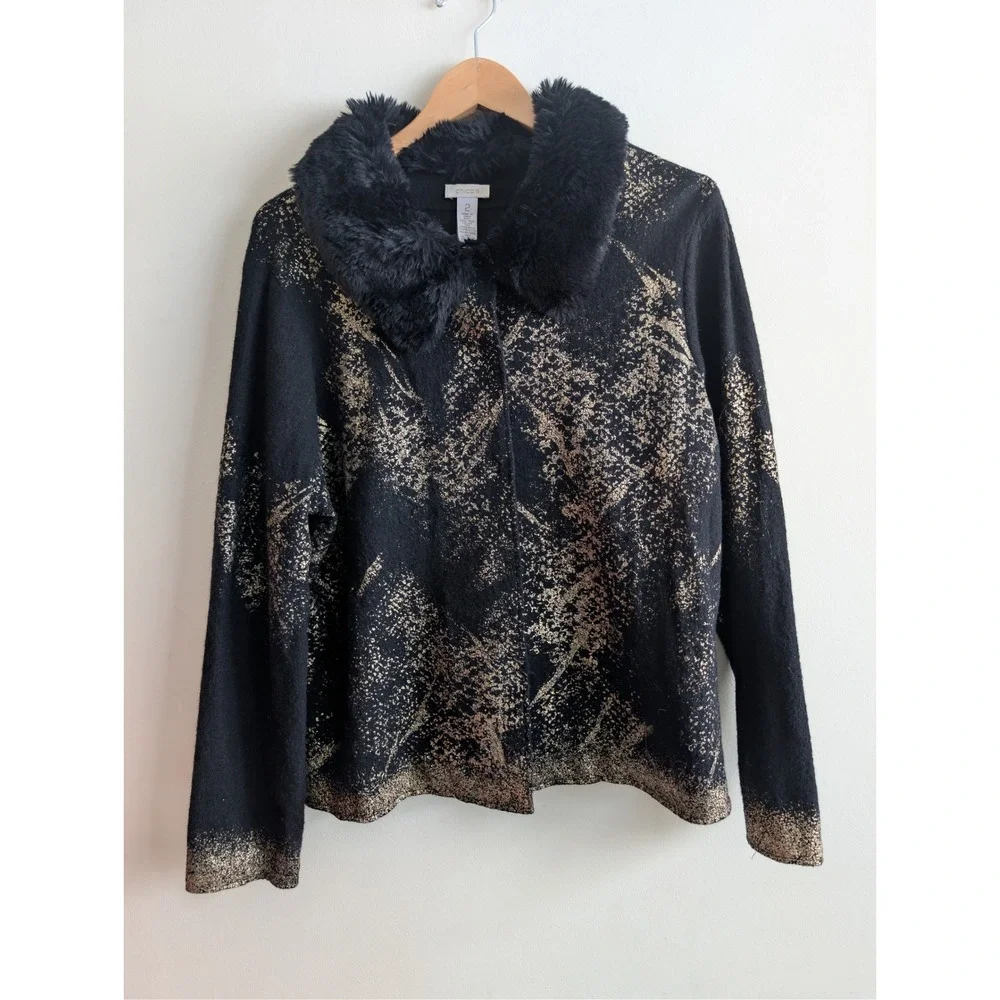 Chicos Black Gold Metallic Print Faux‎ Fur Collar Cardigan Sweater Jacket Sz L 2